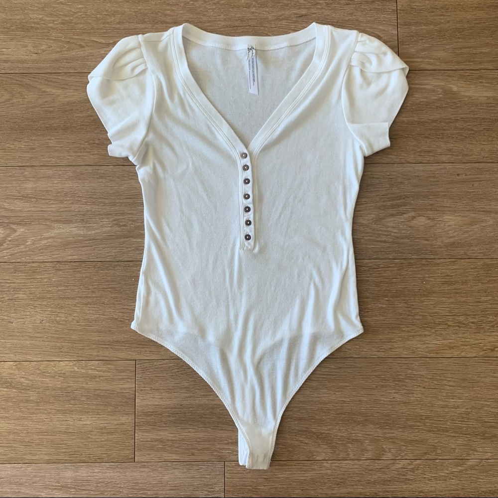 Free People White Short Sleeve Bodysuit